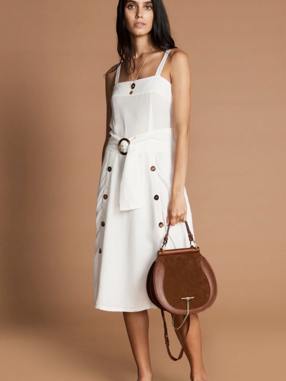 Cream Button-Front Midi Dress with Belt Detail